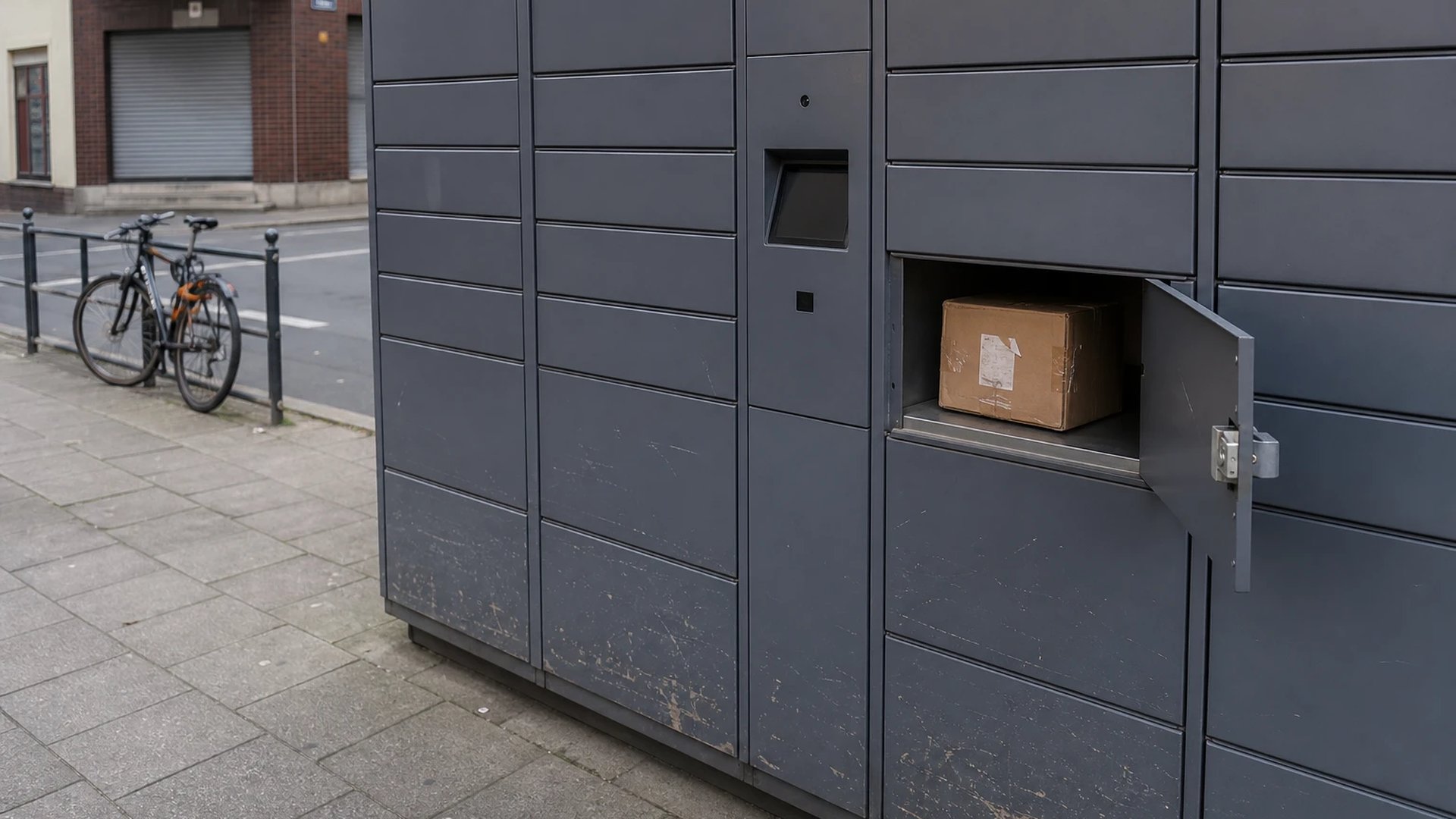 Parcel locker with one open compartment and a cardboard box on a quiet street, a symbol of automated commerce