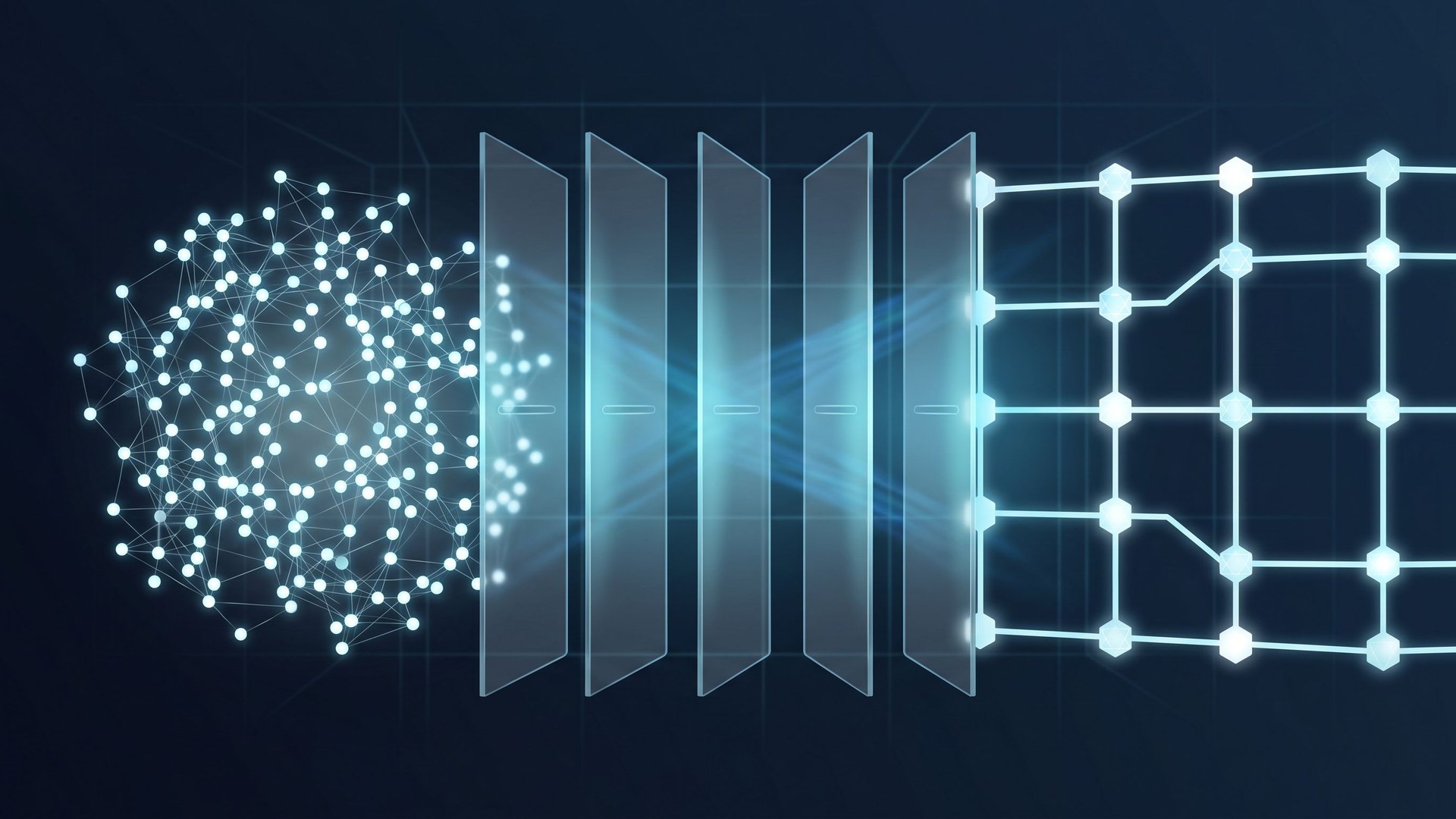 Visualisation of compliance gates: a chaotic node cluster (agent runtime) is transformed by translucent compliance layers into an ordered audit grid