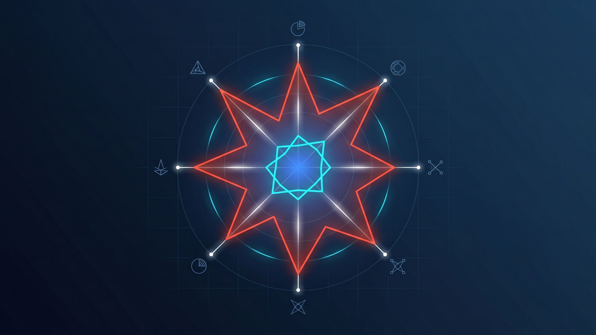 Radar chart with eight axes: outer large jagged red polygon (unhardened harness), inner small symmetric cyan polygon (hardened harness)