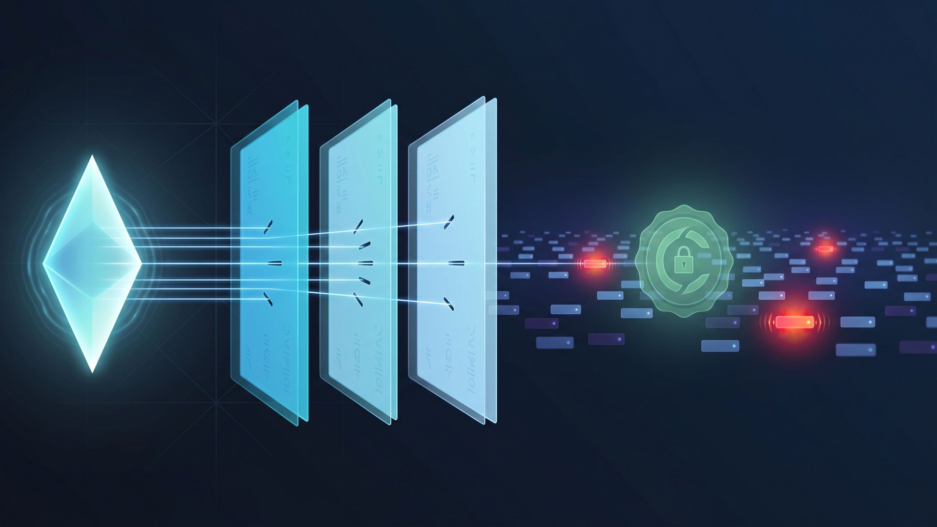Visualisation of the MCP supply-chain risk surface: host diamond on the left, three translucent shield layers in the middle, server field on the right with three glowing red compromised nodes and a green registry seal