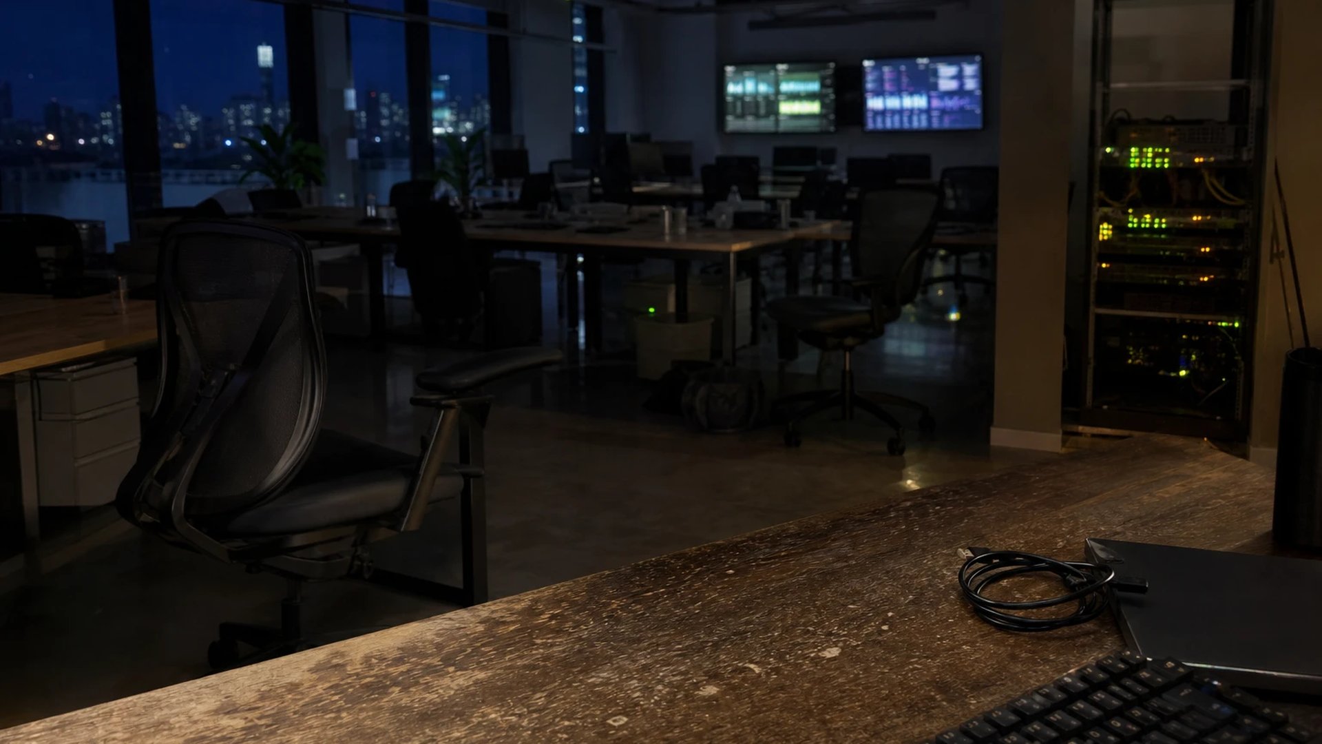 Empty startup office at night, desk chairs pushed back, a network rack blinking green while dimmed dashboards keep running in the background