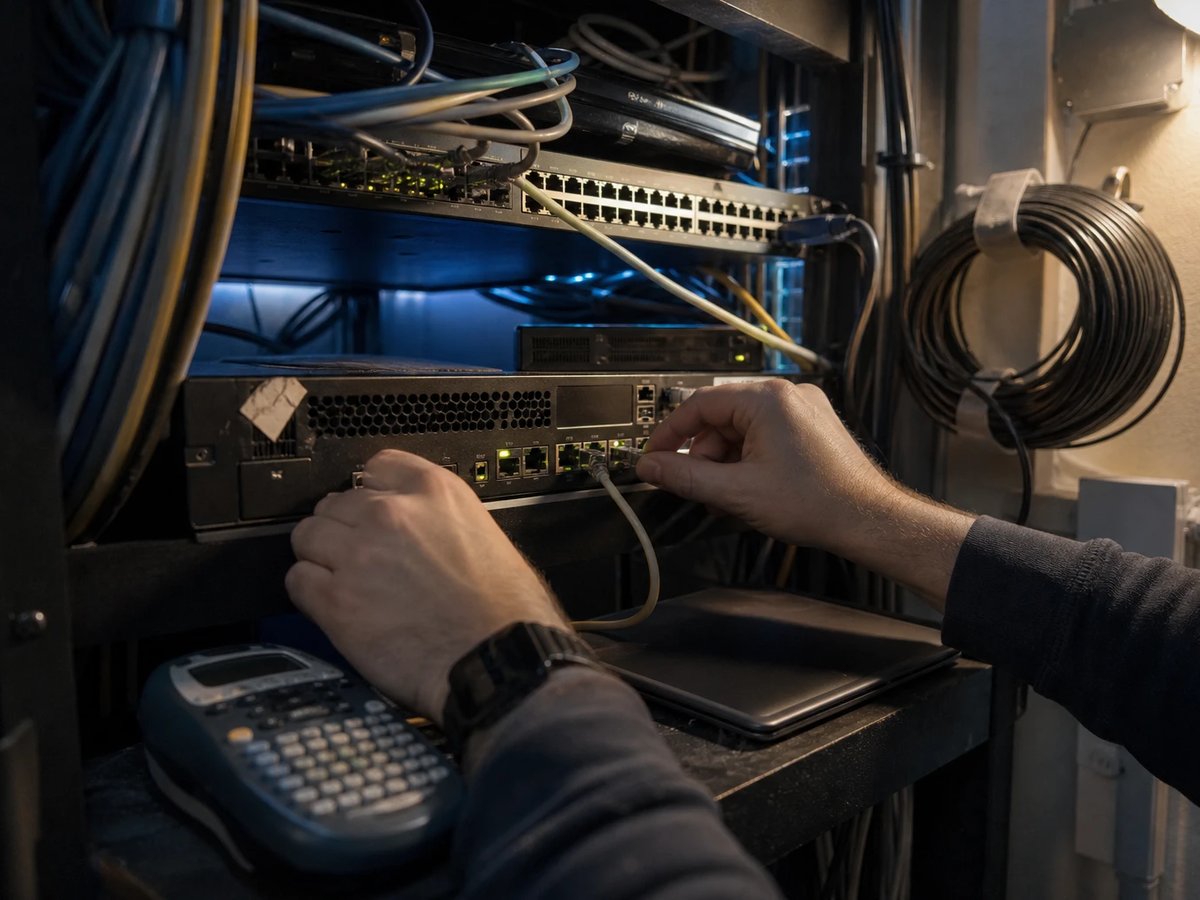 Hands of a network administrator plugging a patch cable into a firewall appliance in a server cabinet, bundled network cables and a label maker beside it