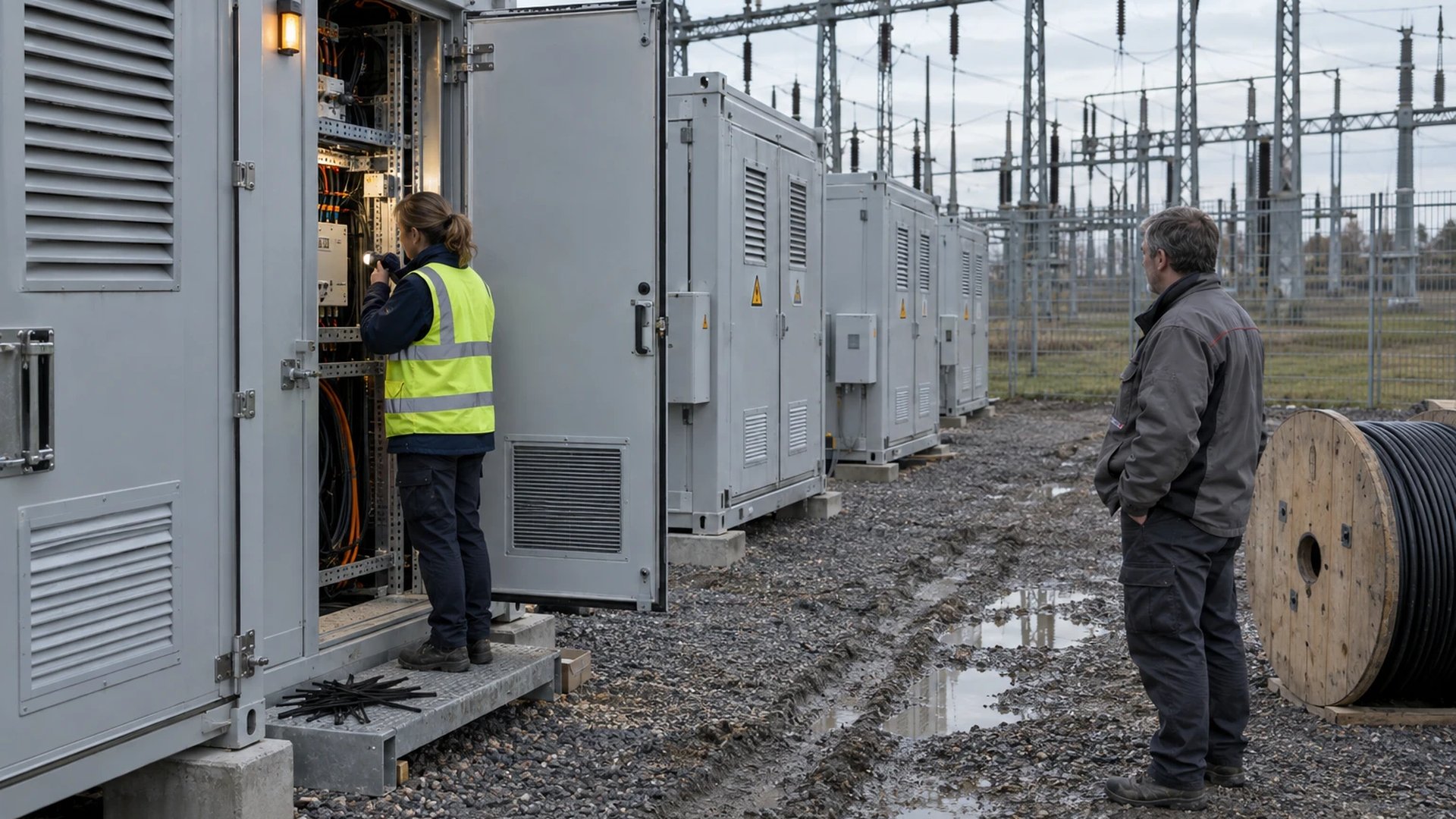 Commissioning engineer checks the cabling of a battery storage container beside a substation with a torch