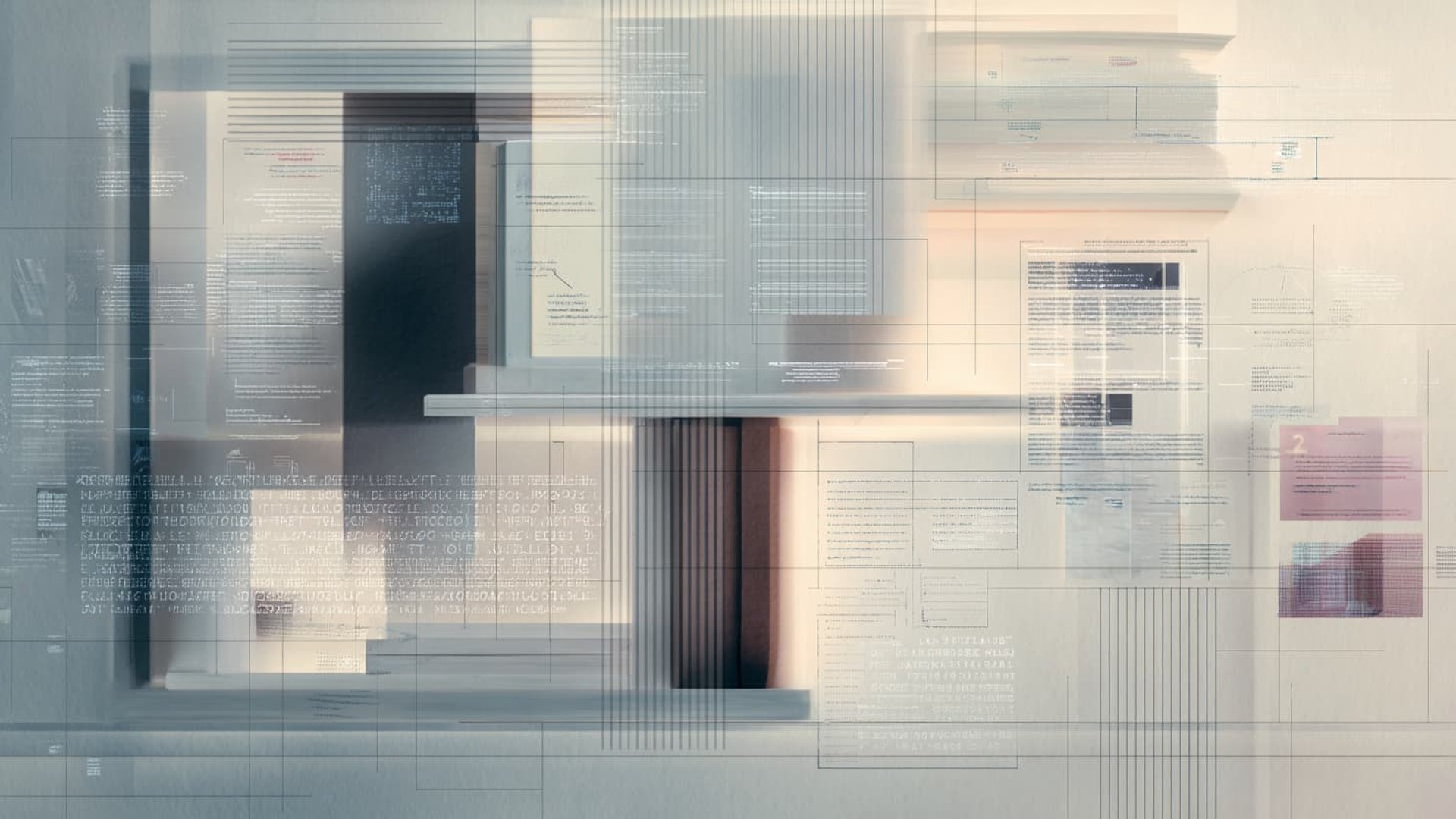 Conceptual visualization of AI theses and data flows - abstract digital composition with code and document elements