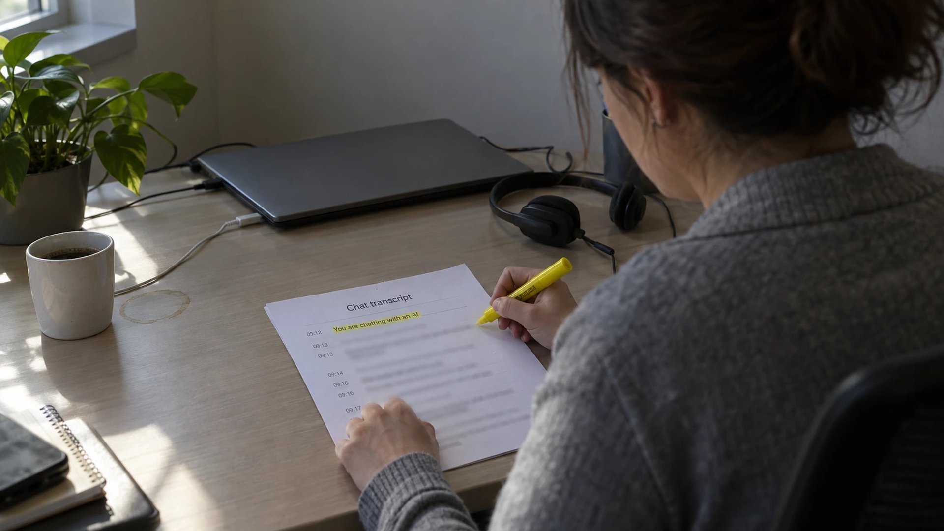 Customer service agent highlighting the line You are chatting with an AI on a printed chat transcript