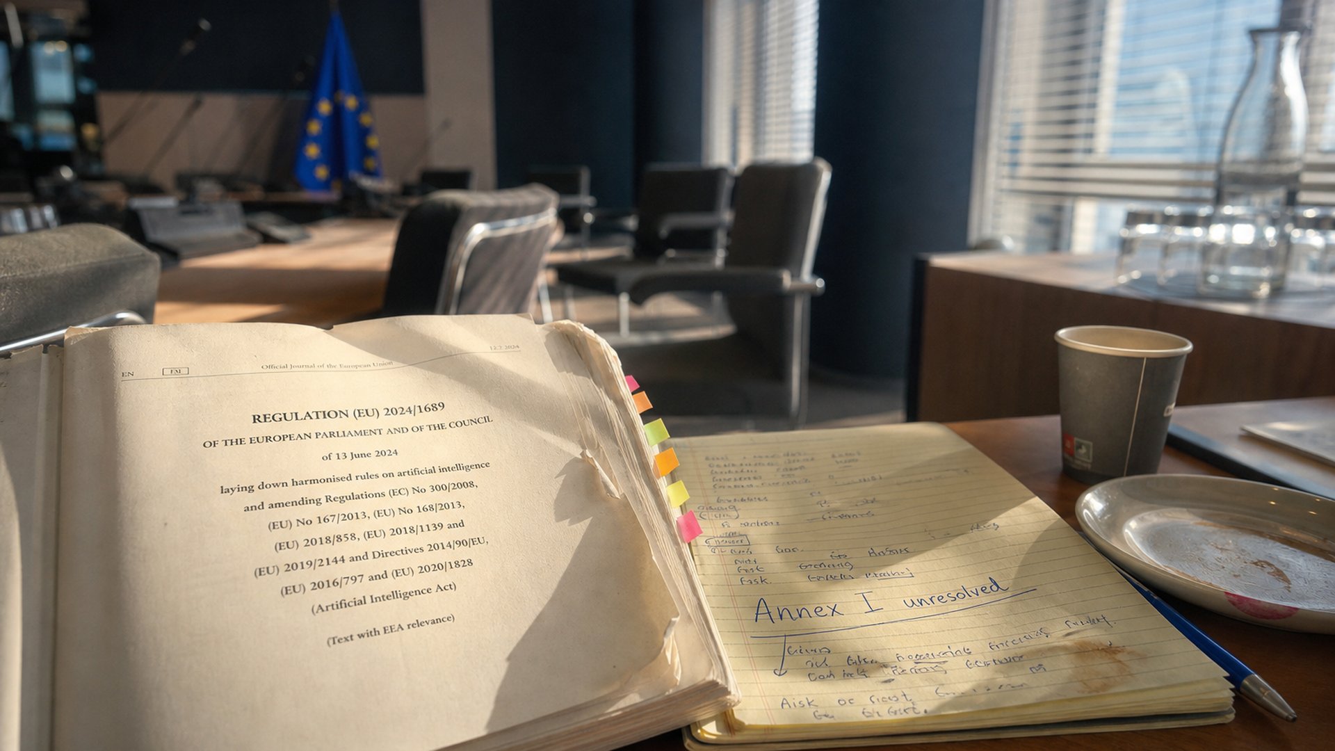 Open copy of the EU Official Journal containing Regulation 2024/1689 with handwritten margin notes on a conference table after a long negotiation session