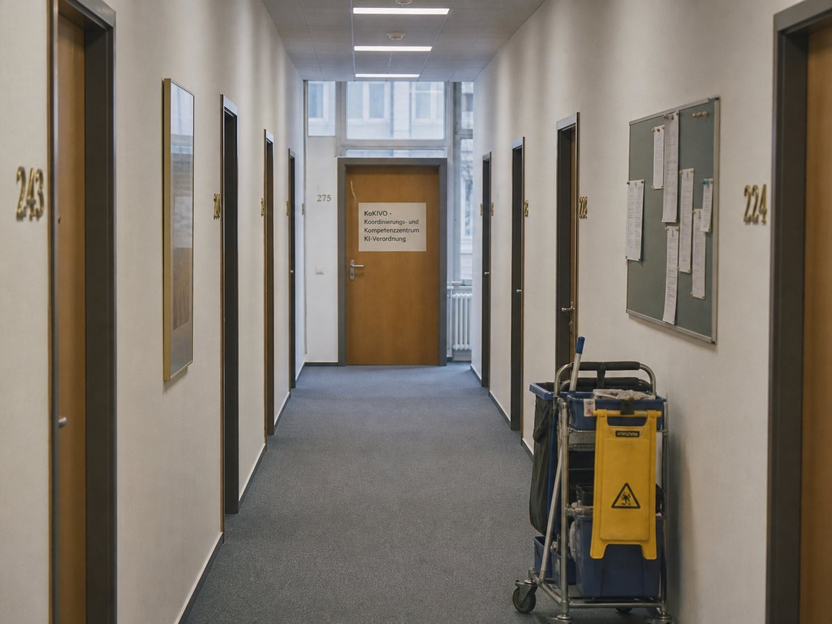 Corridor inside a German federal agency building with a laminated door sign for the Coordination and Competence Centre for the AI Regulation