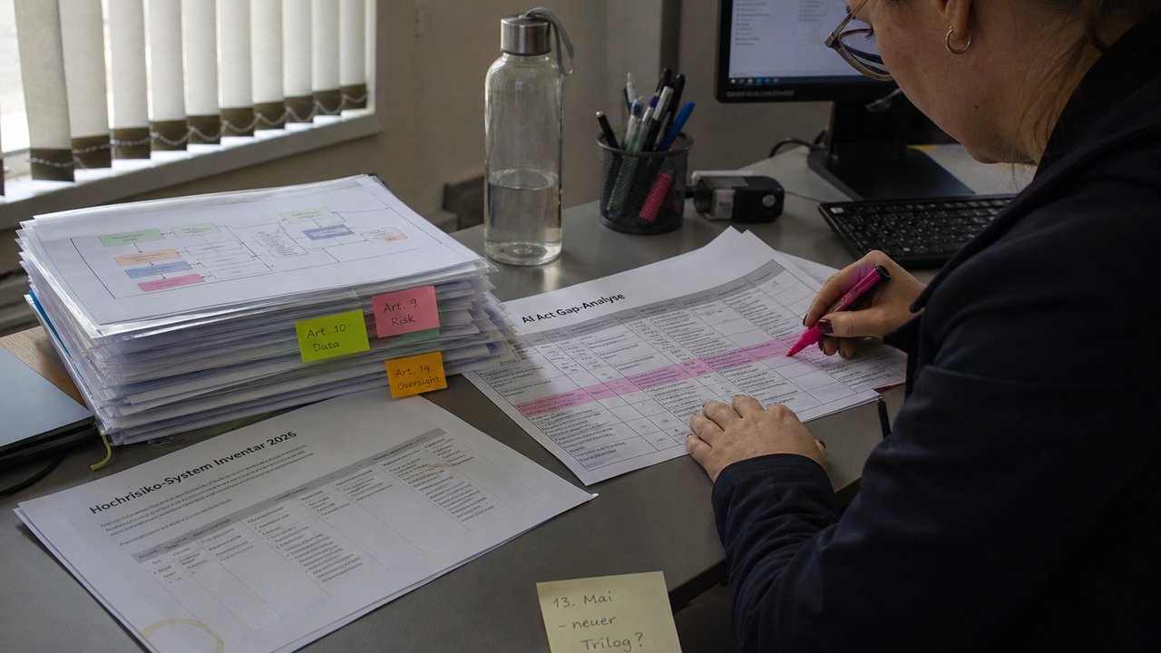 Compliance officer's working surface with AI Act gap analysis spreadsheet, high-risk system inventory, and colour-coded process diagrams