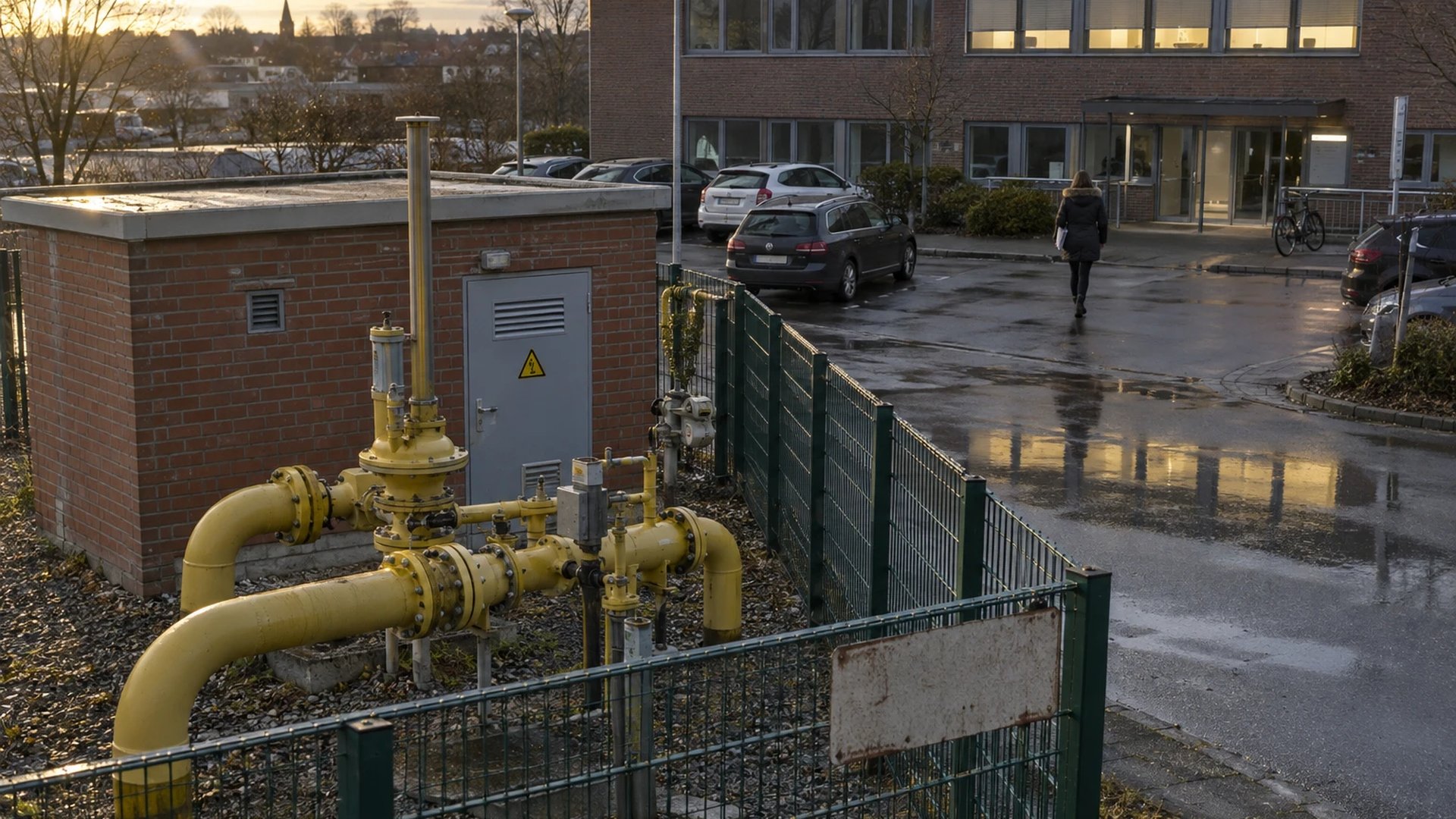 Gas pressure regulating station of a grid company seen from above, the office building behind with one lit row of windows at dusk