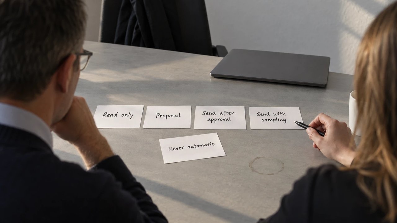 Index cards on a meeting table reading Read only, Proposal, Send after approval, Send with sampling, Never automatic