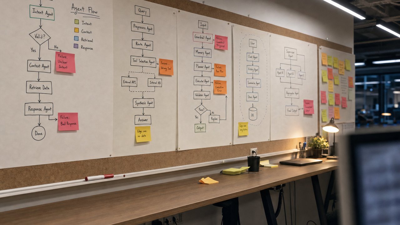 Agent workflow diagram with marked failure points in a multi-step process visualized on a post-it board in a development room