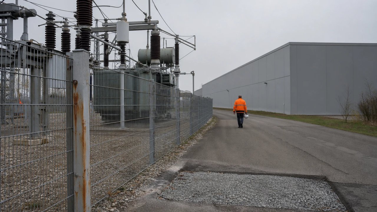 Substation transformer yard directly beside a windowless grey data centre hall on the outskirts of a German town