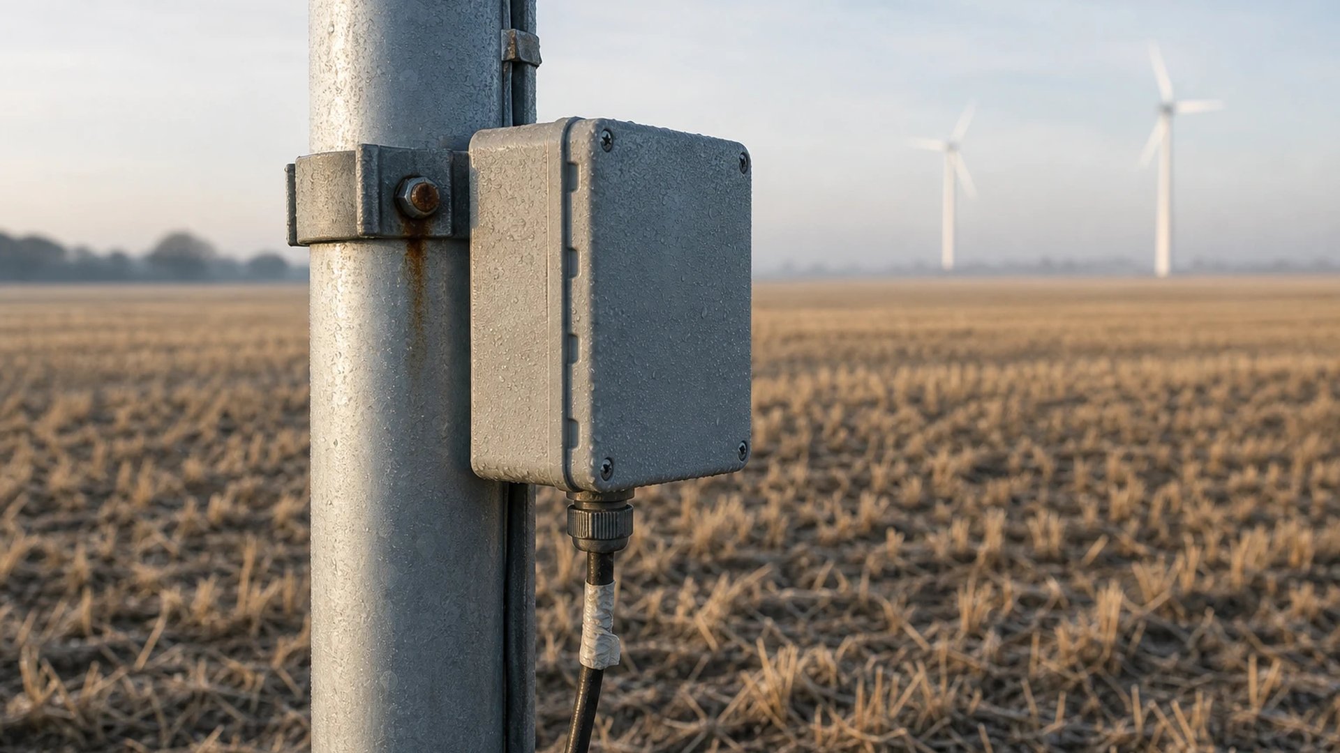 Weather data logger on a measuring mast at the edge of a harvested field, two wind turbines in the morning haze behind it.