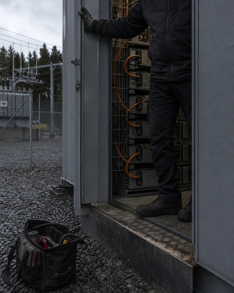 Technician at the open door of a battery storage container next to a substation, module racks and orange DC cables inside.