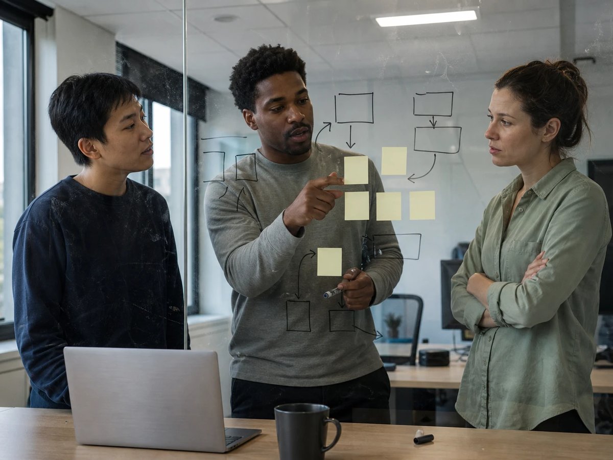 Three colleagues at a glass wall discuss the safety design of a product using a sketch of boxes and arrows