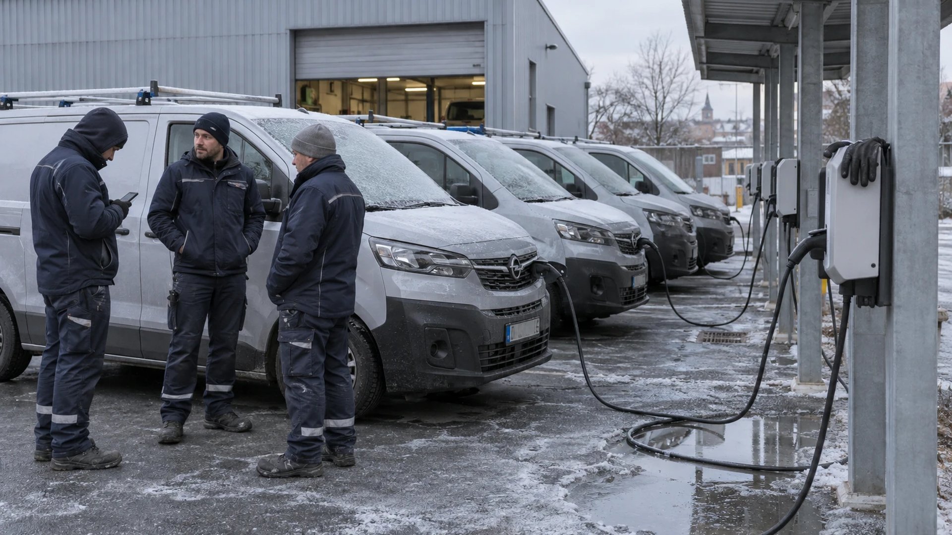 Three field technicians of a municipal utility wait at dawn beside frosted electric service vans at the depot chargers