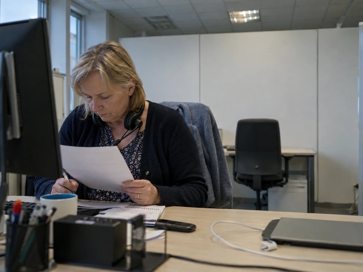 Customer service agent at a municipal utility reads a printed chat transcript with her headset around her neck