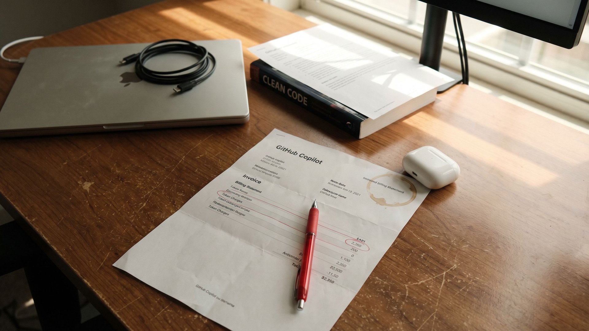 Close detail of a printed GitHub Copilot billing statement on a developer desk with a red pen circling a line of token charges, a closed laptop, coiled charging cable and a coffee ring stain symbolising the AI coding tools pricing shift