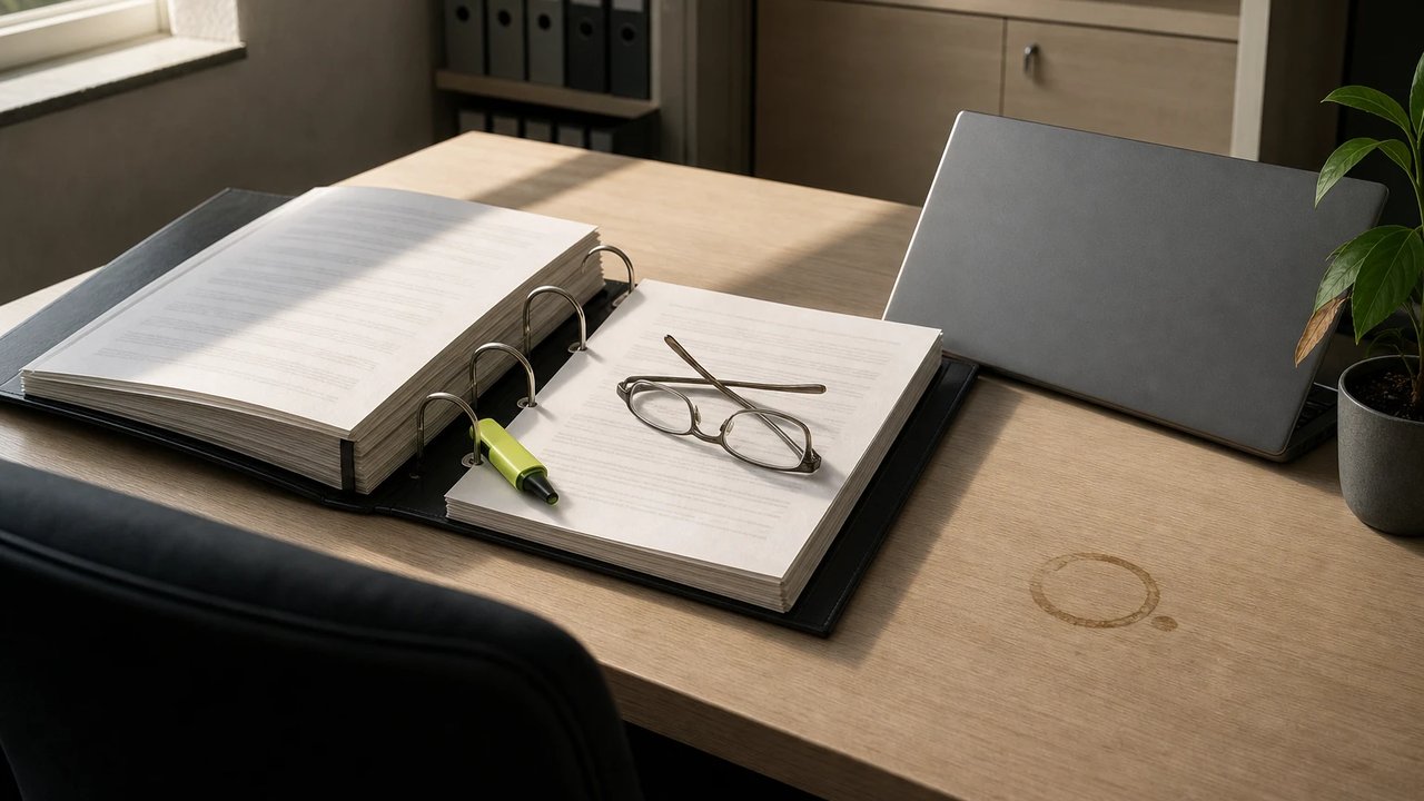 Open ring binder of assessment documents next to a closed laptop on a desk in a regulatory affairs office