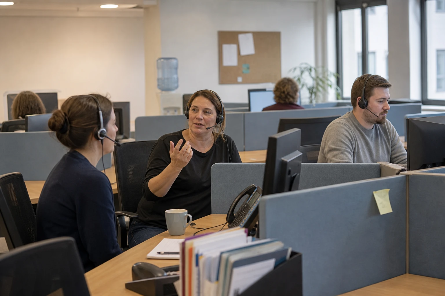 Three customer service agents with headsets at desks in the service centre of a municipal utility, more workstations and a daylit window in the background