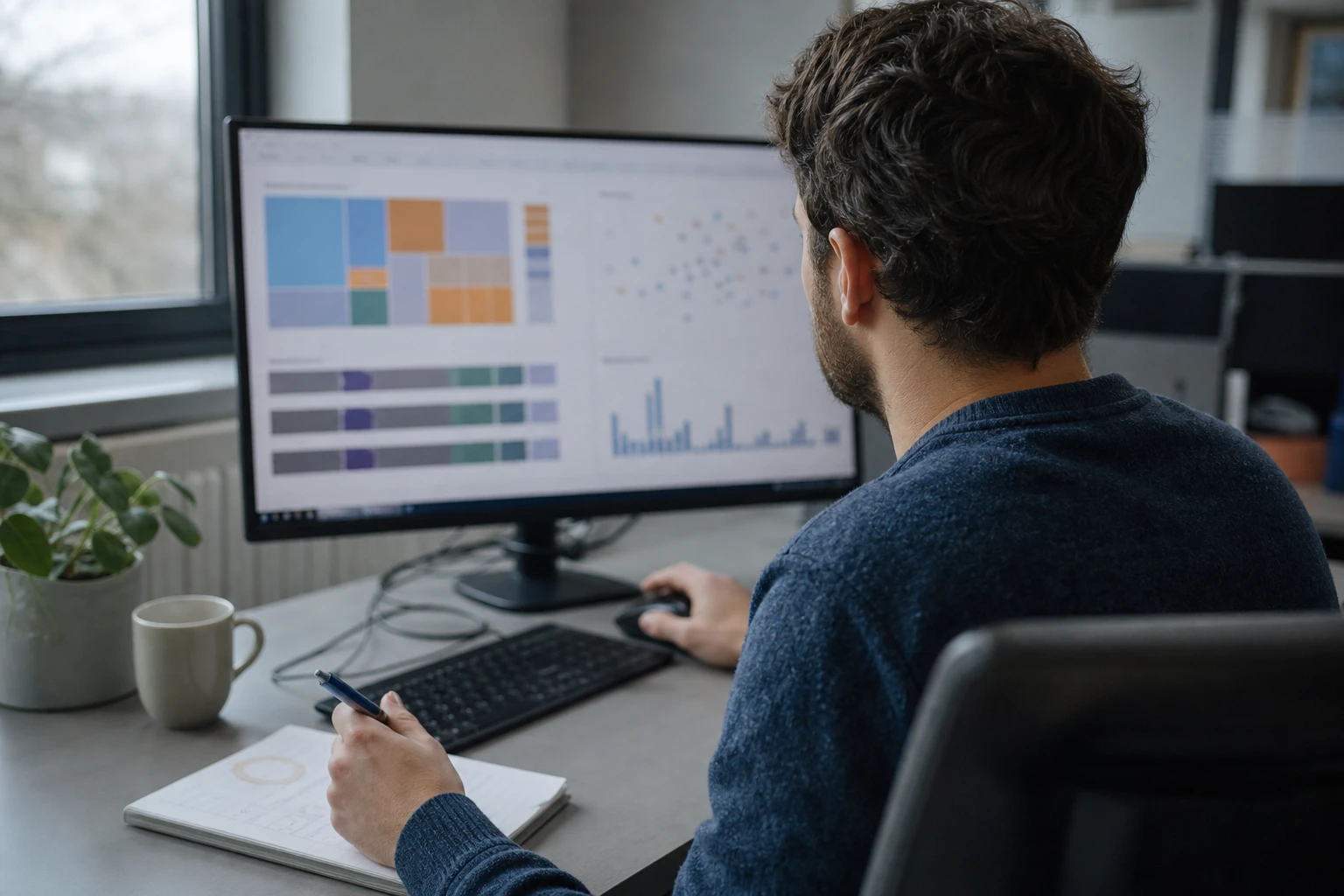 Data analyst at a desk looking at a customer analytics dashboard with coloured segments and a scatter plot, a notebook and pen beside the keyboard