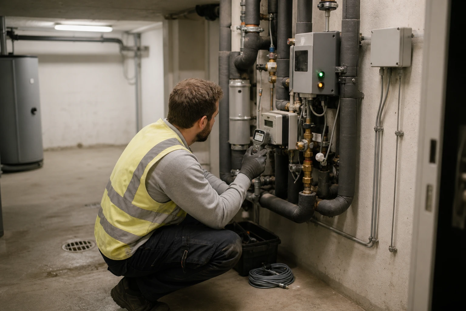 Technician in a hi-vis vest kneeling in front of a compact district heating transfer station in a basement, reading the heat meter with a handheld device, insulated pipes and a grey control unit beside it