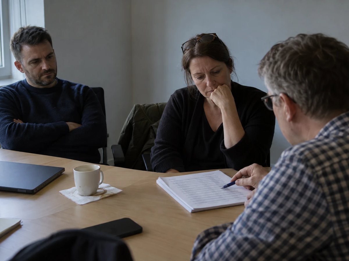 Head of IT, data protection officer and works council member review a printed list of AI use cases in a meeting room