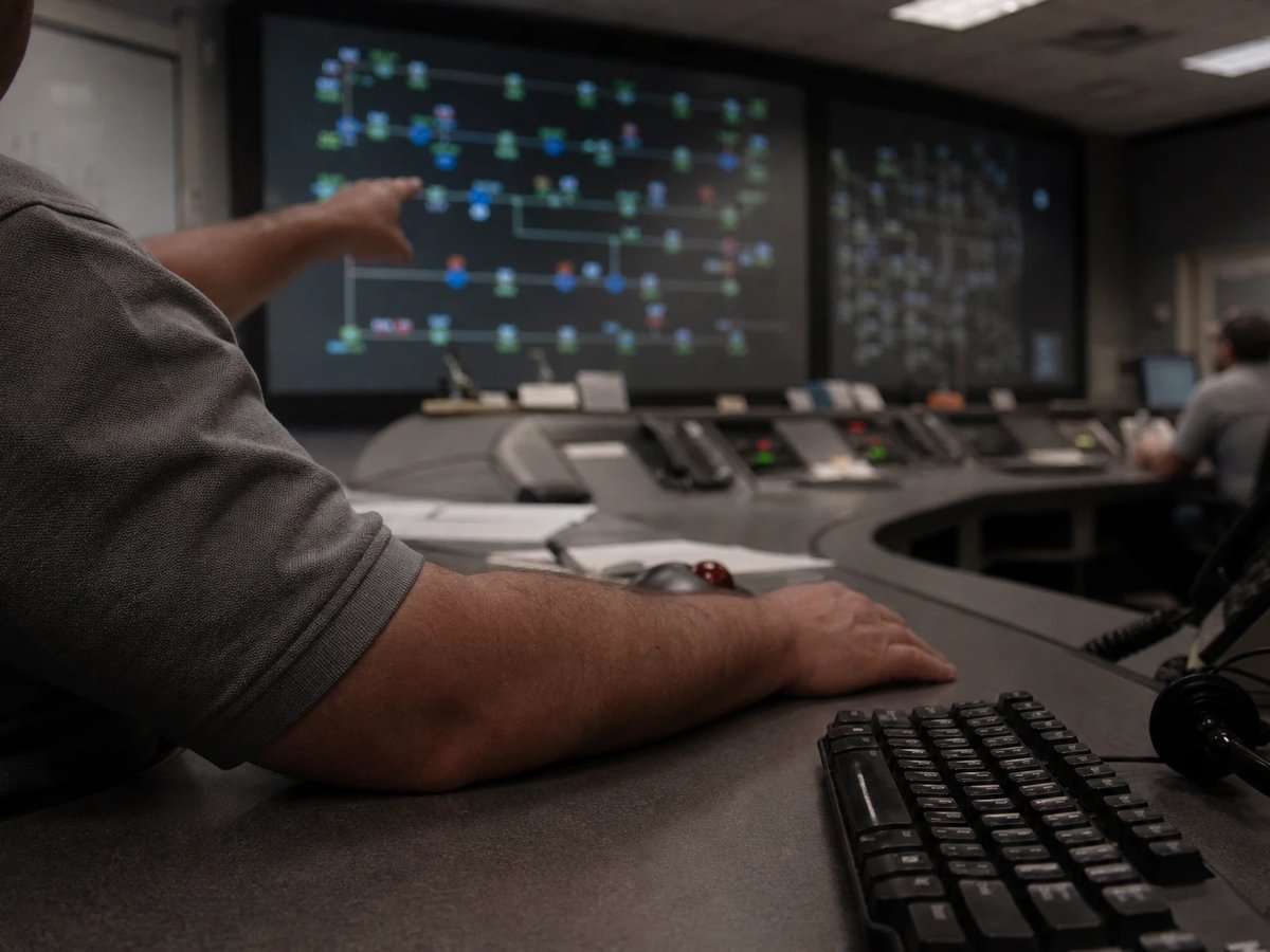 Operator in a grid control room, seen from behind, pointing at a large wall display showing an abstract network topology of nodes and lines