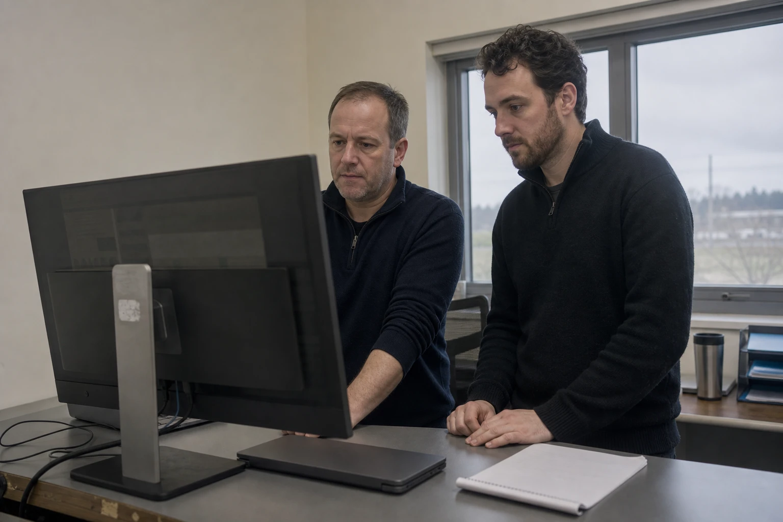 Two grid planners at a distribution grid operator stand at a desk looking at a monitor turned away from the camera, a closed laptop and a notepad in front of them
