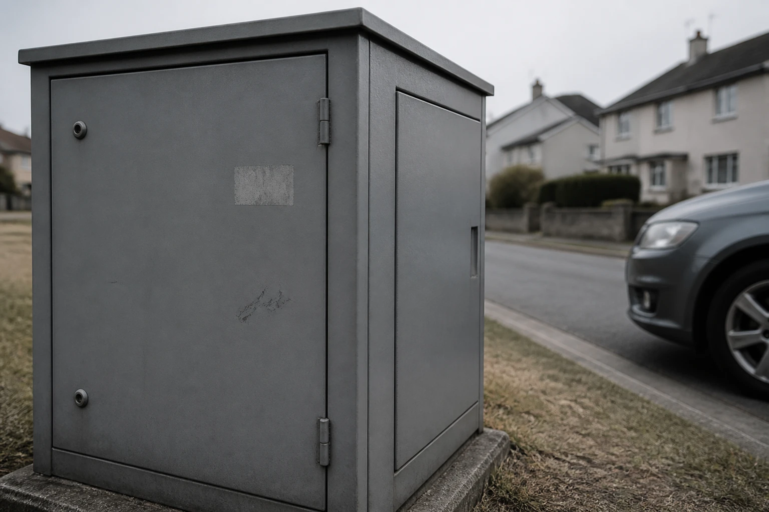 A compact grey distribution substation cabinet at the edge of a quiet residential street on an overcast day, a low kerb and a parked car in front