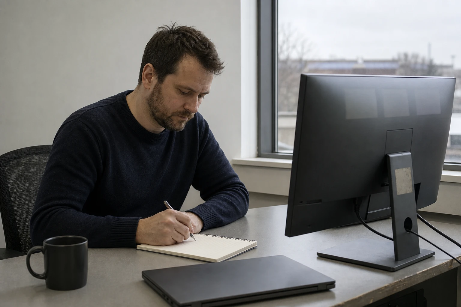 A grid engineer sits at a quiet desk in a distribution grid operator's back office, hand on a notepad, a monitor turned away and a closed laptop beside it