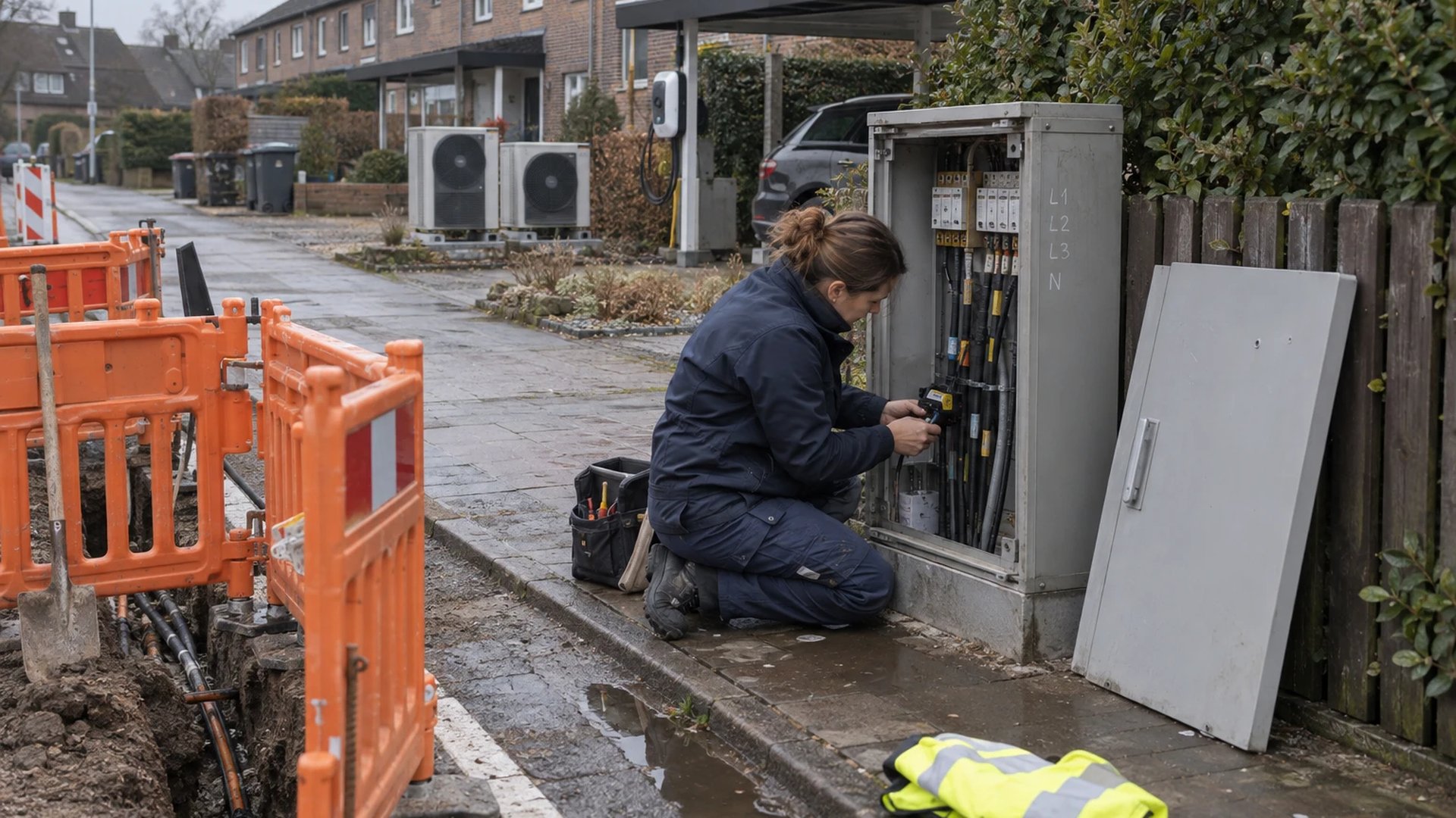 Grid technician fitting a current sensor to a feeder in an open cable distribution cabinet next to a street trench