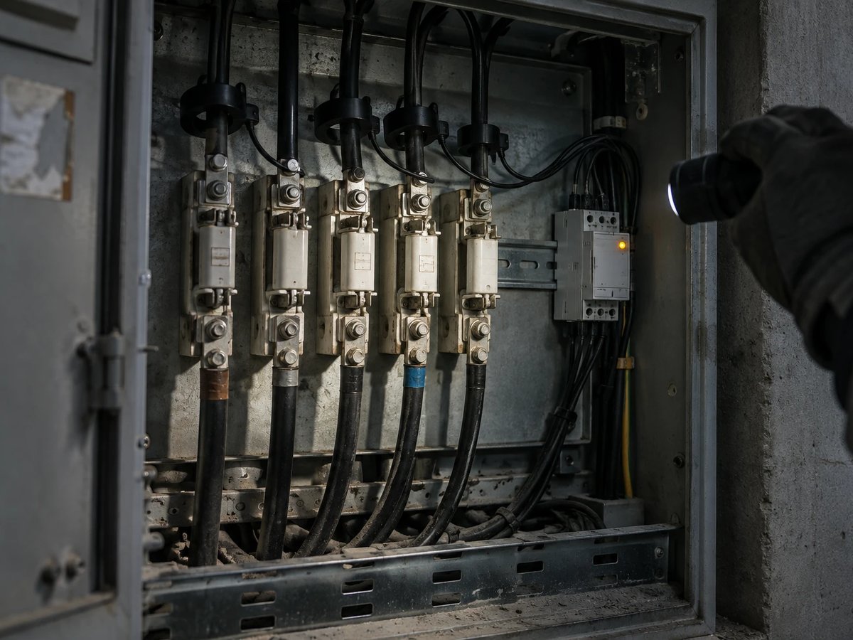 Low-voltage panel in a secondary substation with current sensors on several feeders and a small measuring unit