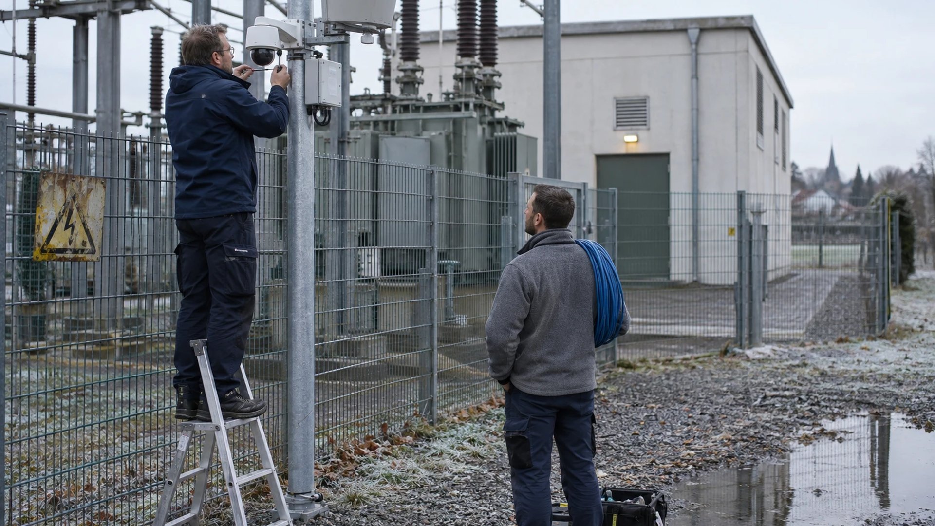 Technician mounting a camera and radar on a mast behind a substation fence while an IT colleague waits with network cable