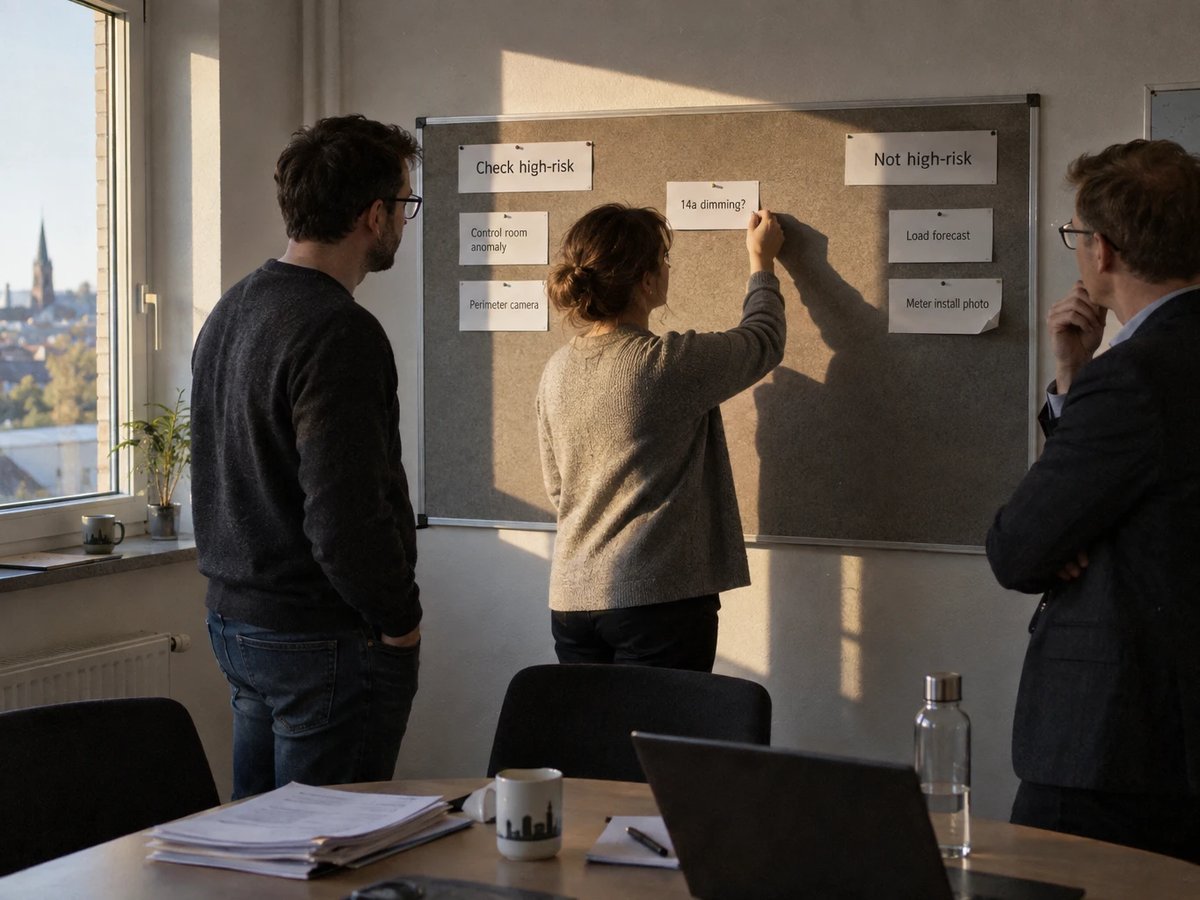 Three utility staff sorting index cards with AI applications into two columns on a pinboard