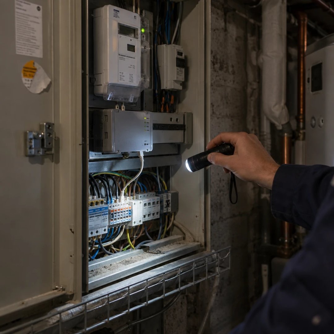 Control box below the smart meter gateway in a meter cabinet, a hand shining a torch onto the terminals