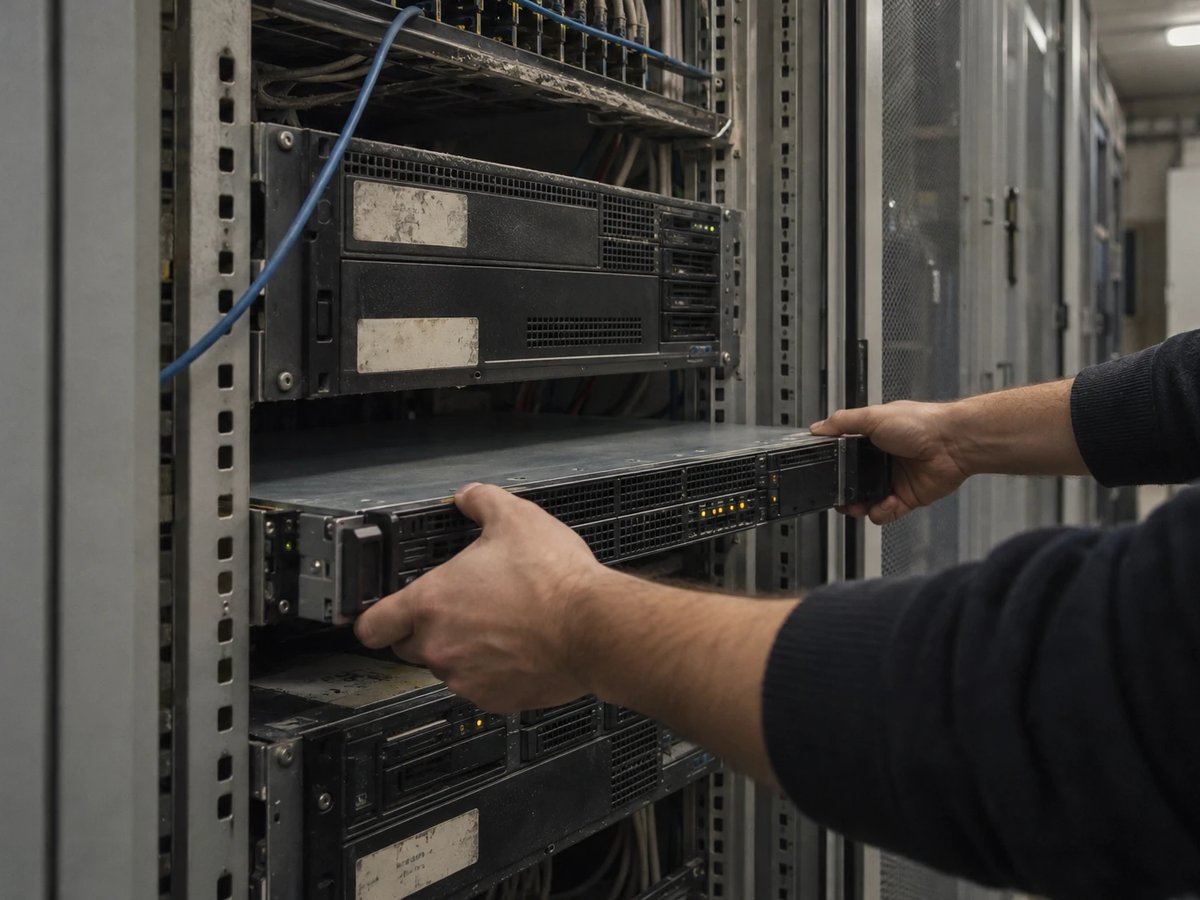 An administrator's hands slide a new server with amber status LEDs into an older rack in a utility server room