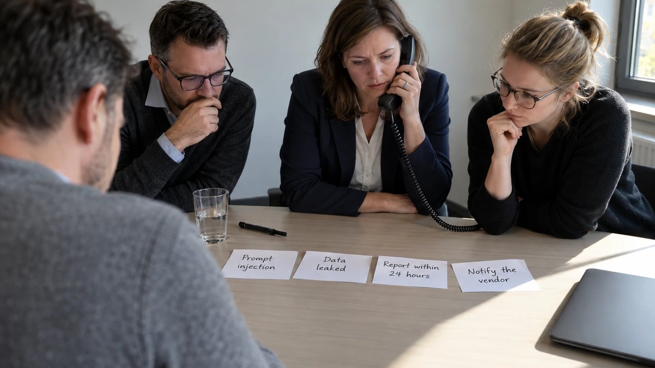 Tabletop exercise in a meeting room: index cards on prompt injection, a data leak and the 24-hour report lie on the table