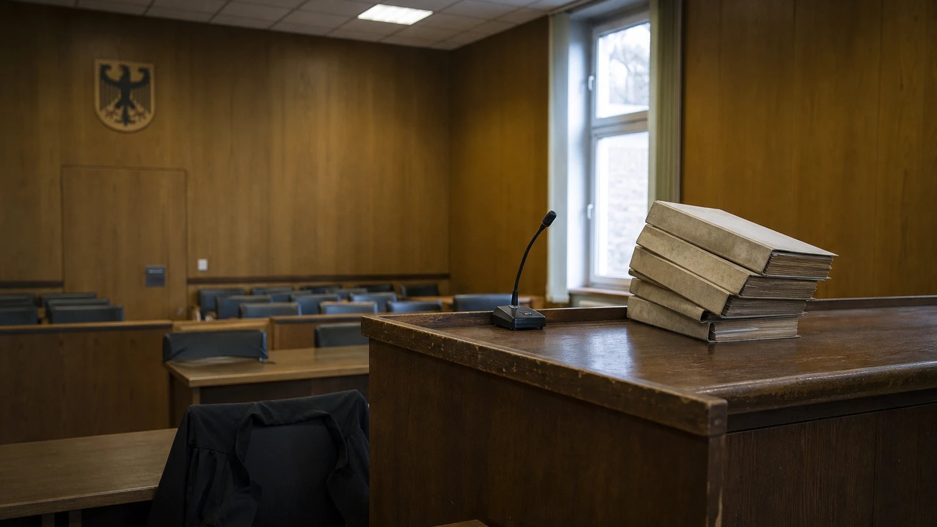 Empty German courtroom after a hearing with the judge's bench, stacked case binders and a robe draped over a chair