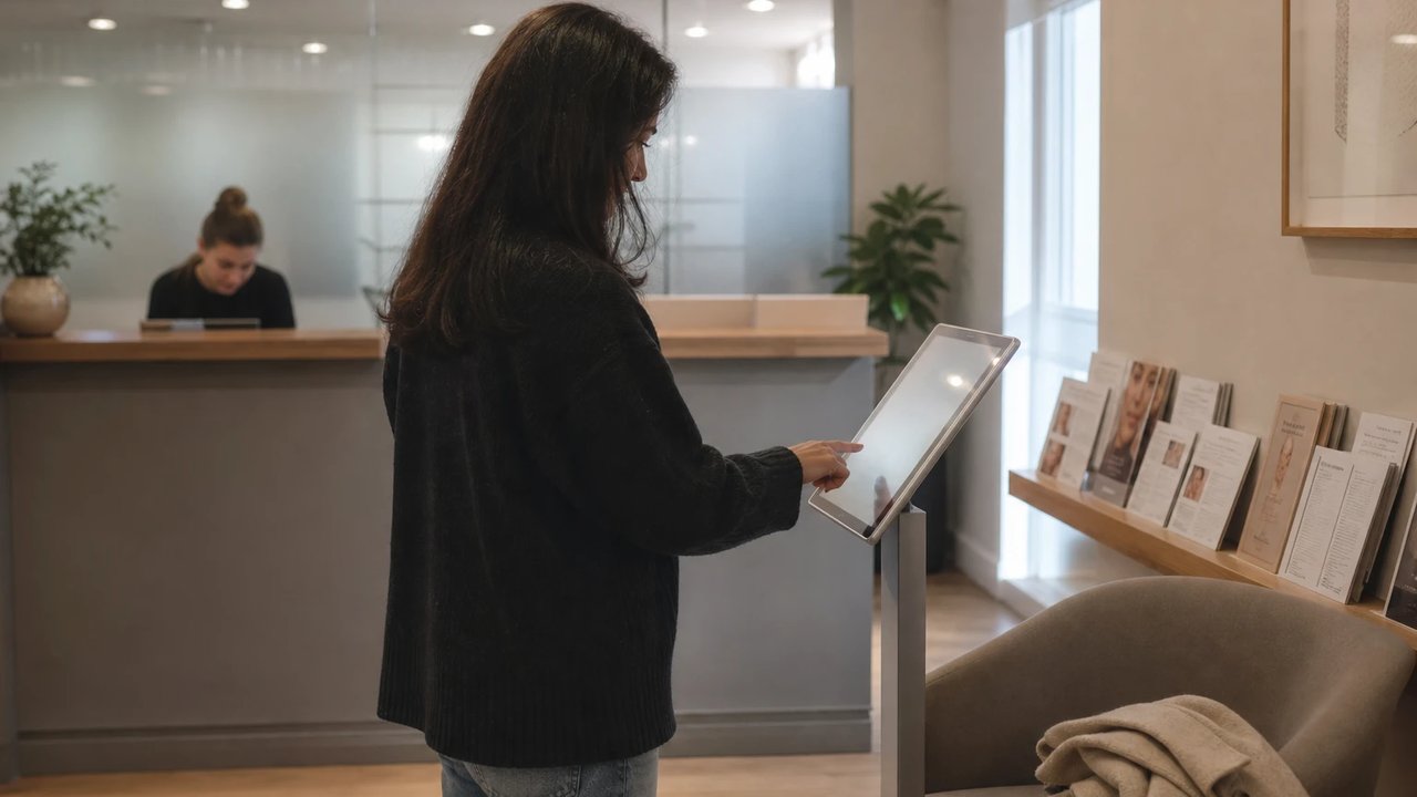 Person at a self-service tablet in a clinic waiting area, with a reception desk behind a glass partition in the background