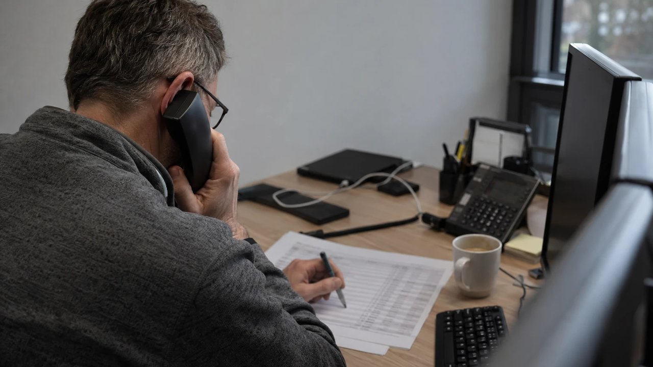 Dispatcher in a regional grid operator's operations office on the phone, running a pen down a printed outage list