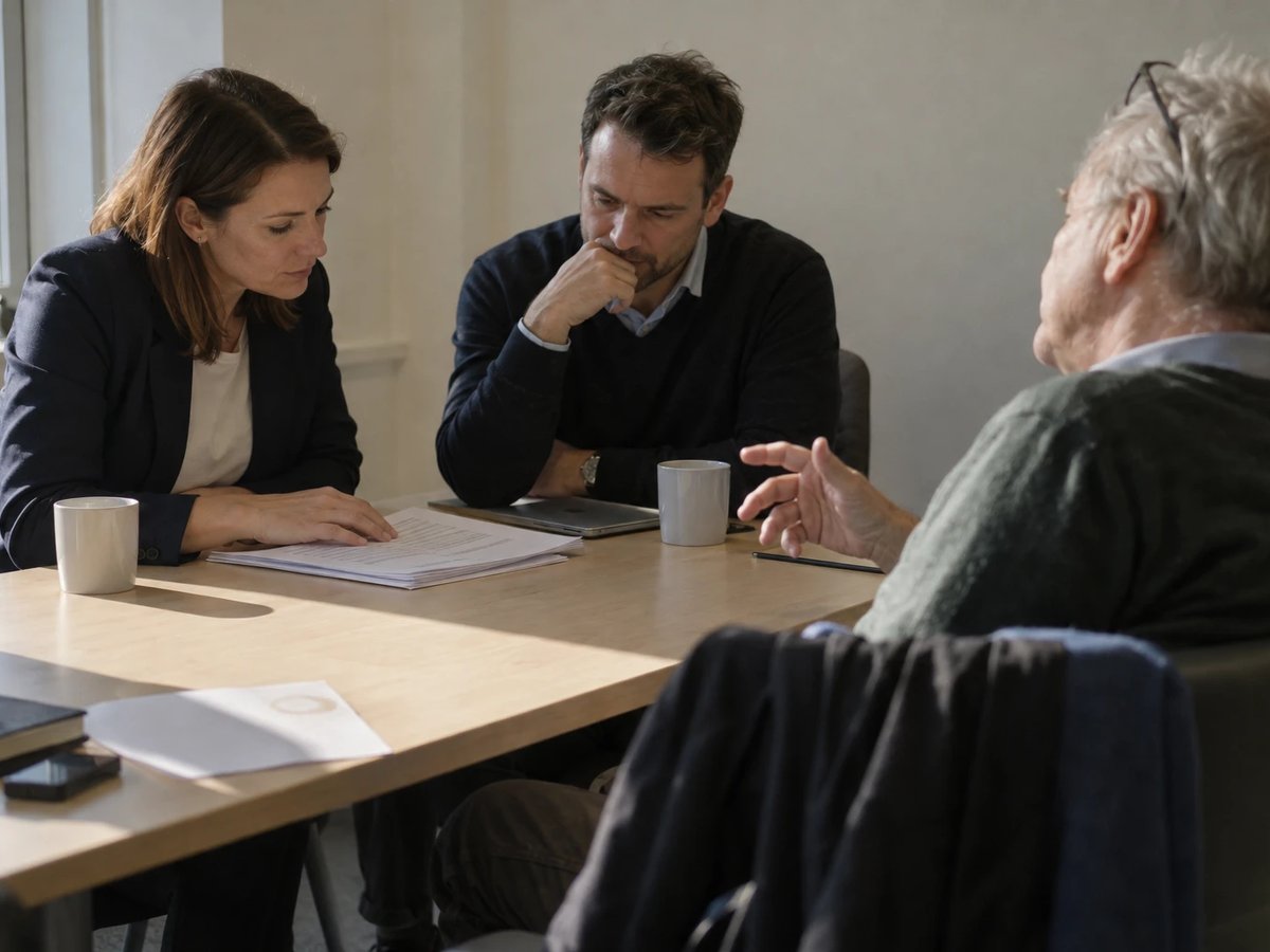 An IT lead, a colleague and a works council member discuss a printed list of AI use cases in a small meeting room