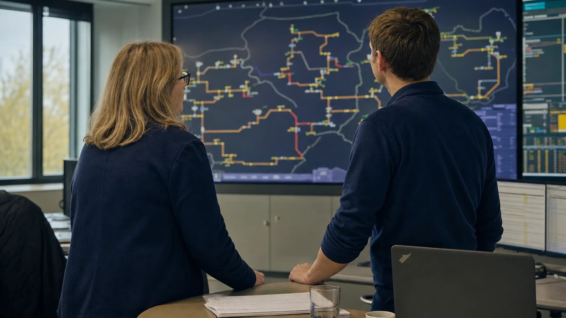 Two engineers in a distribution grid control room study a large wall schematic of the medium-voltage network with feed-in and load levels.