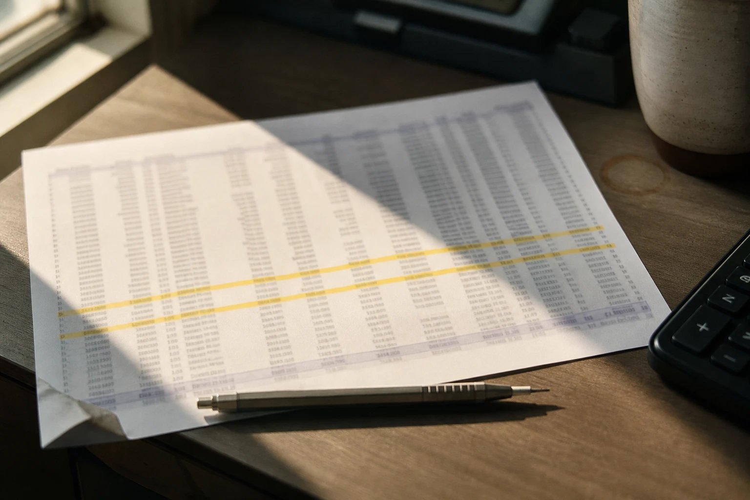 A printed cost report with illegible columns of figures and two rows marked in yellow highlighter lies on a desk next to a mechanical pencil.