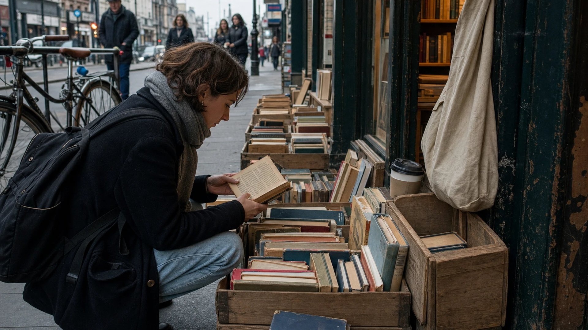 Passer-by browsing second-hand books at a kerbside book stall outside a small bookshop on a city street