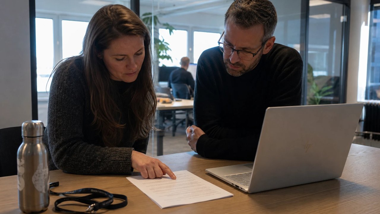 Two colleagues at a meeting table reviewing a printed AI vendor contract, with an open laptop beside them