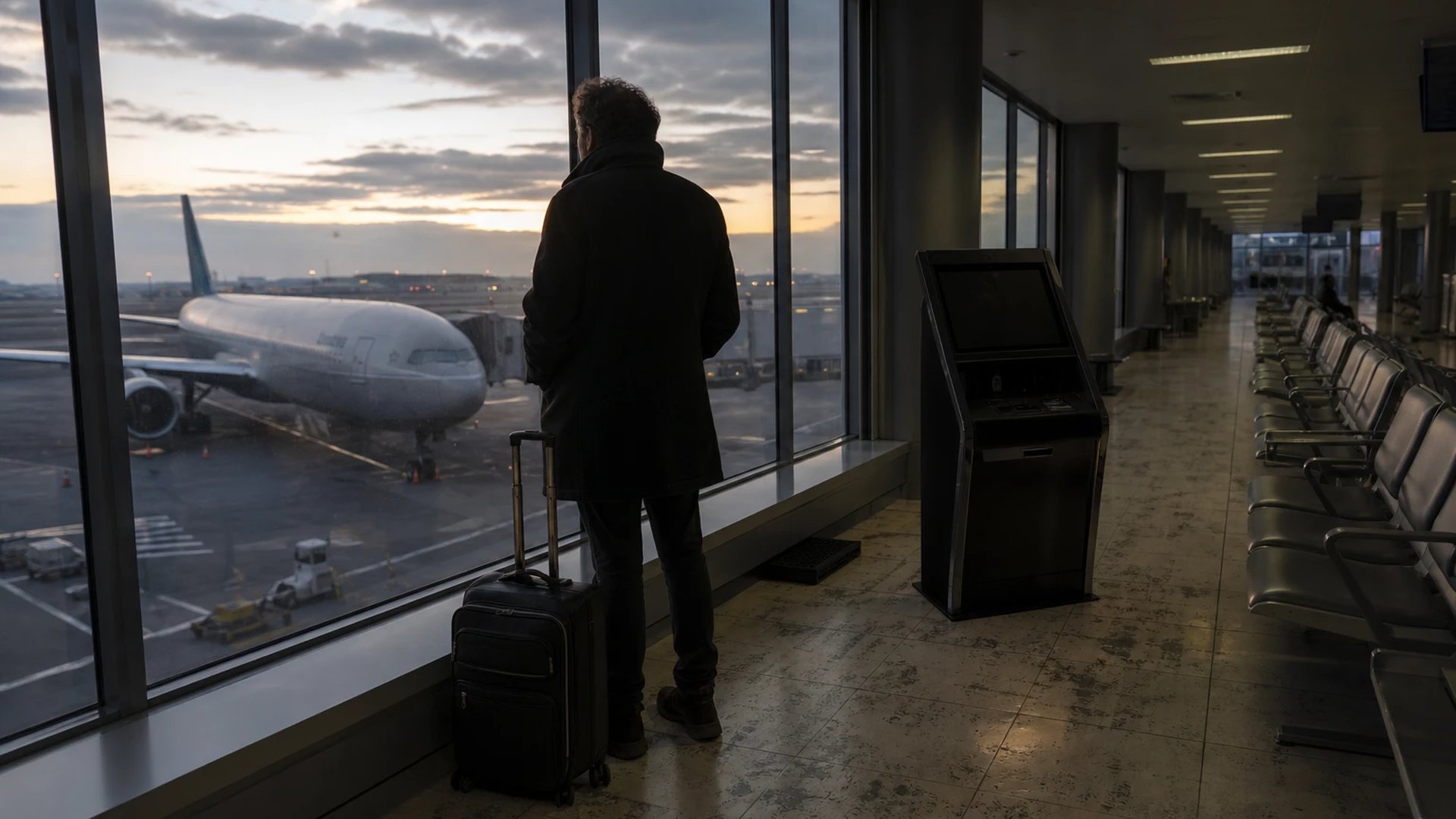 Traveler with a rolling bag stands at an airport departure gate looking out at a wide-body jet on the apron