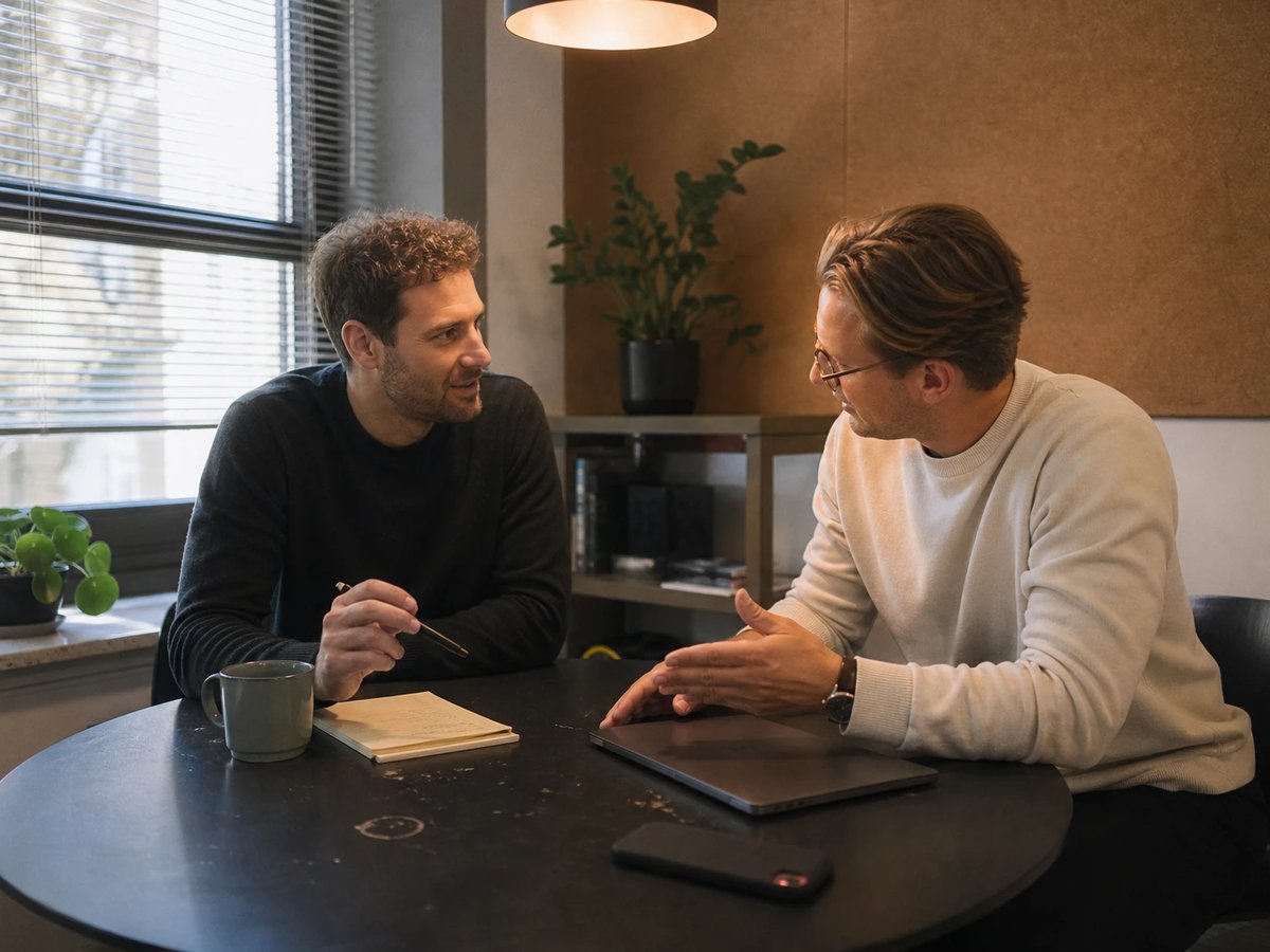Two colleagues in conversation at a round table in an office corner, a closed laptop set aside