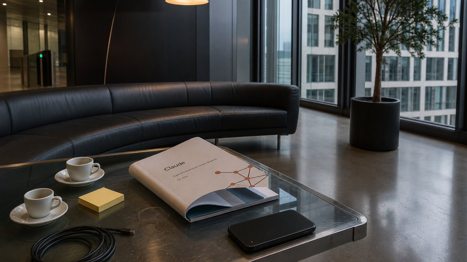 Reception area of a Frankfurt high-rise office with a Claude Enterprise Vendor Briefing booklet open on a glass coffee table, two espresso cups and yellow Post-it notes