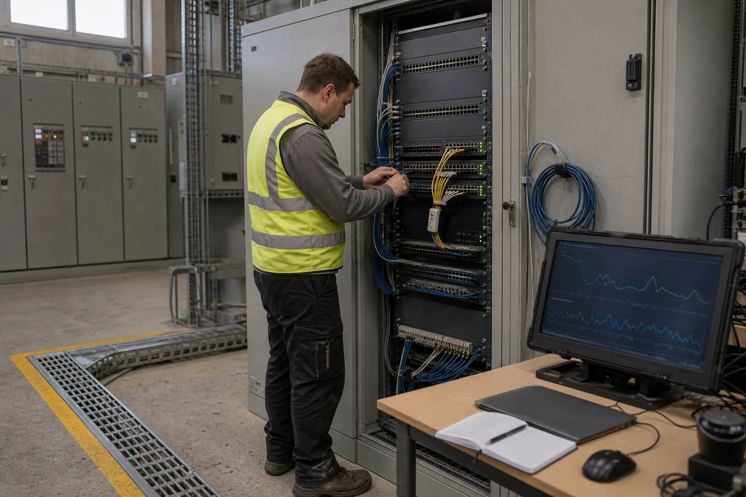 Technician in a hi-vis vest checking the network cabling in a grey control cabinet full of industrial switches in the control room of a substation, a monitor with abstract network graphs beside it